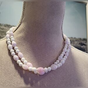 Vintage pink and white double stranded glass bead necklace